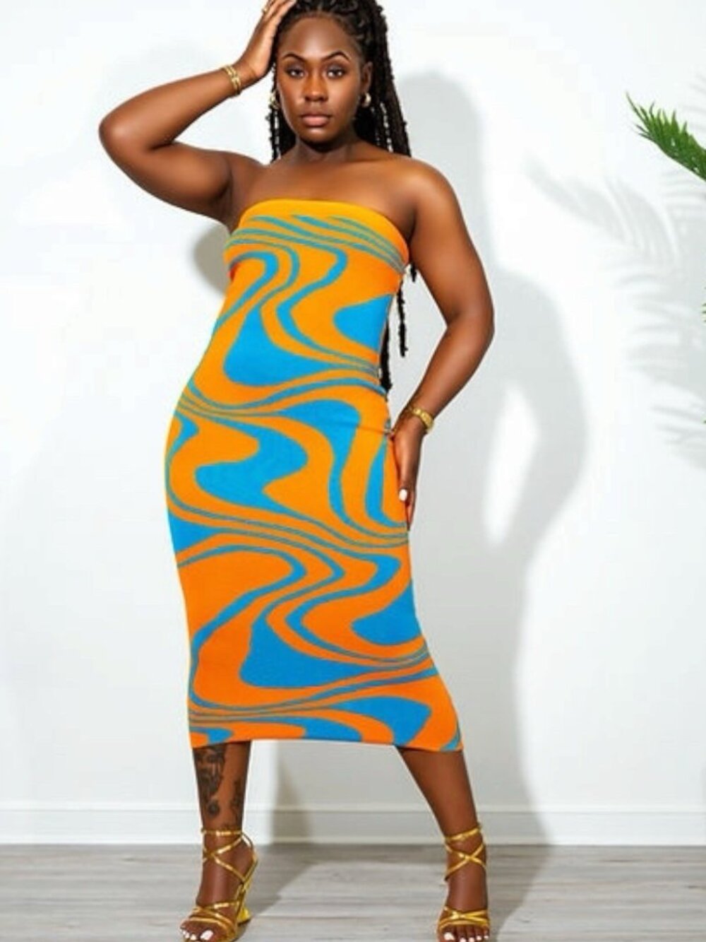 Women Curvy  Bodycon Pencil Strapless Dress Size L Orange Blue Stretch Backless